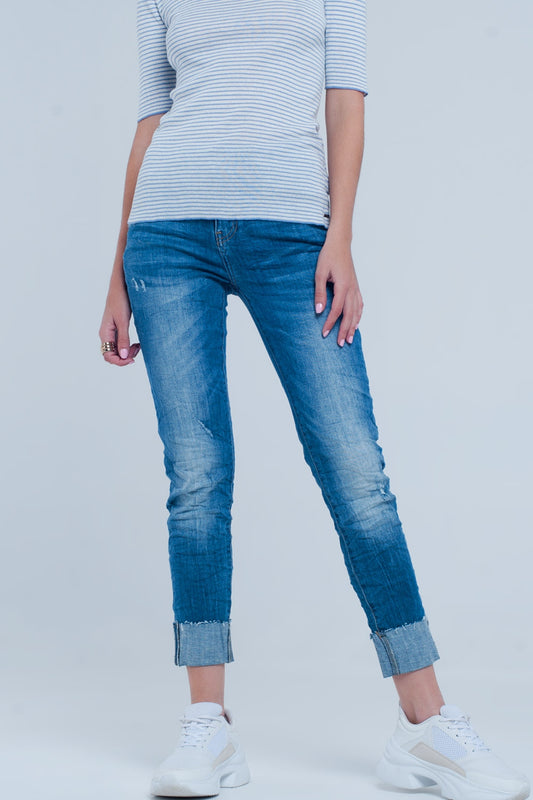 Turn Up Frayed Hem Jeans - Denim