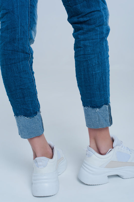 Turn Up Frayed Hem Jeans - Denim