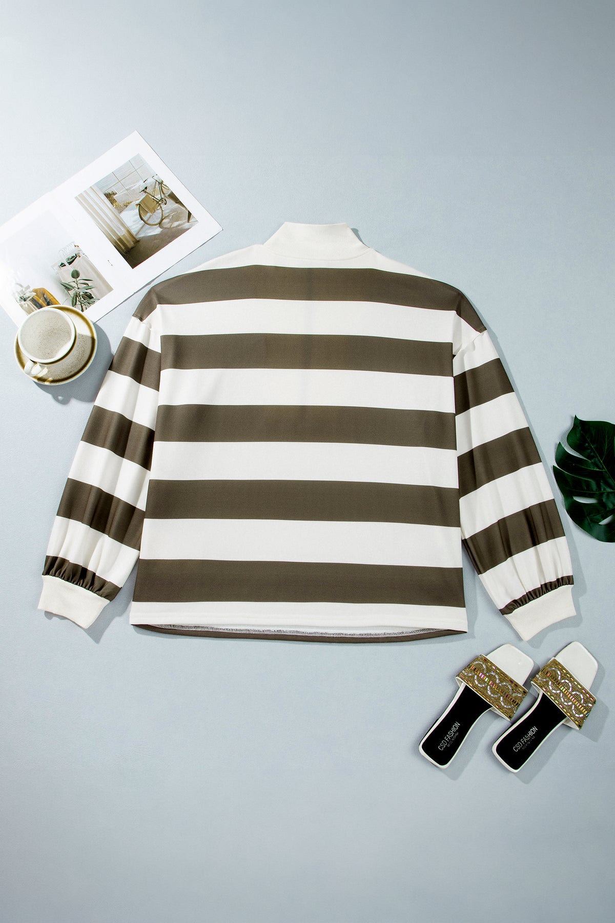 Green Stripe Plus Size Half Zipped Casual Sweatshirt - Plus Size/Plus Size Sweatshirts & Hoodies