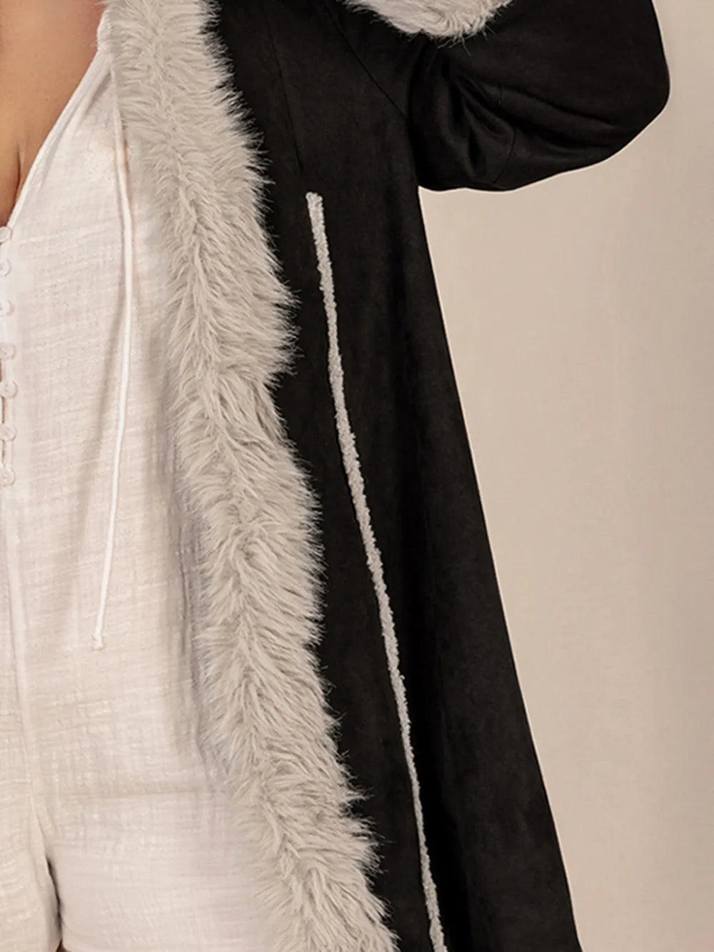 Plus Size Fuzzy Trim Open Front Long Sleeve Hooded Coat -