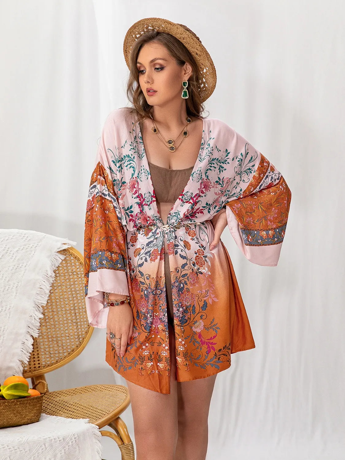 Plus Size Tied Open Front Printed Cover Up - Beach Wrap