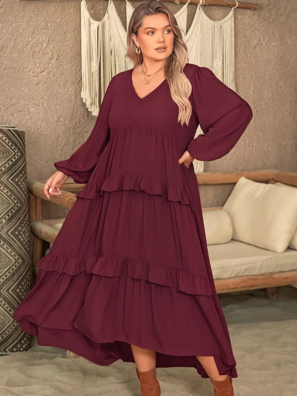 Plus Size Ruffled V-Neck Long Sleeve Dress -