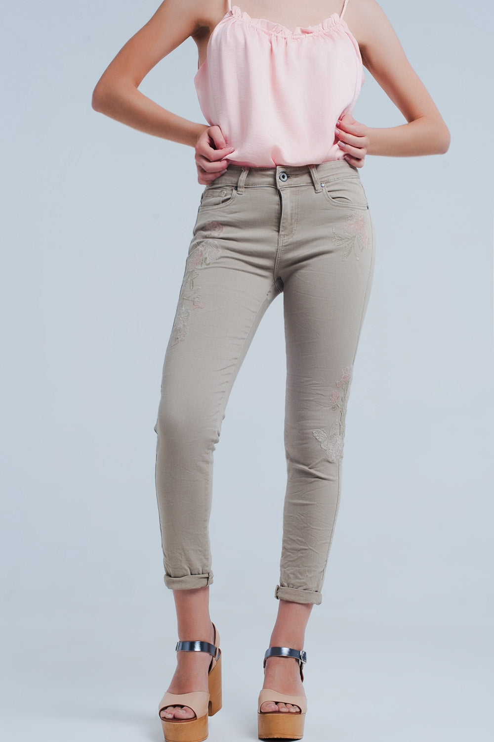 Beige jeans with Floral Embroidery - Coloured Jeans