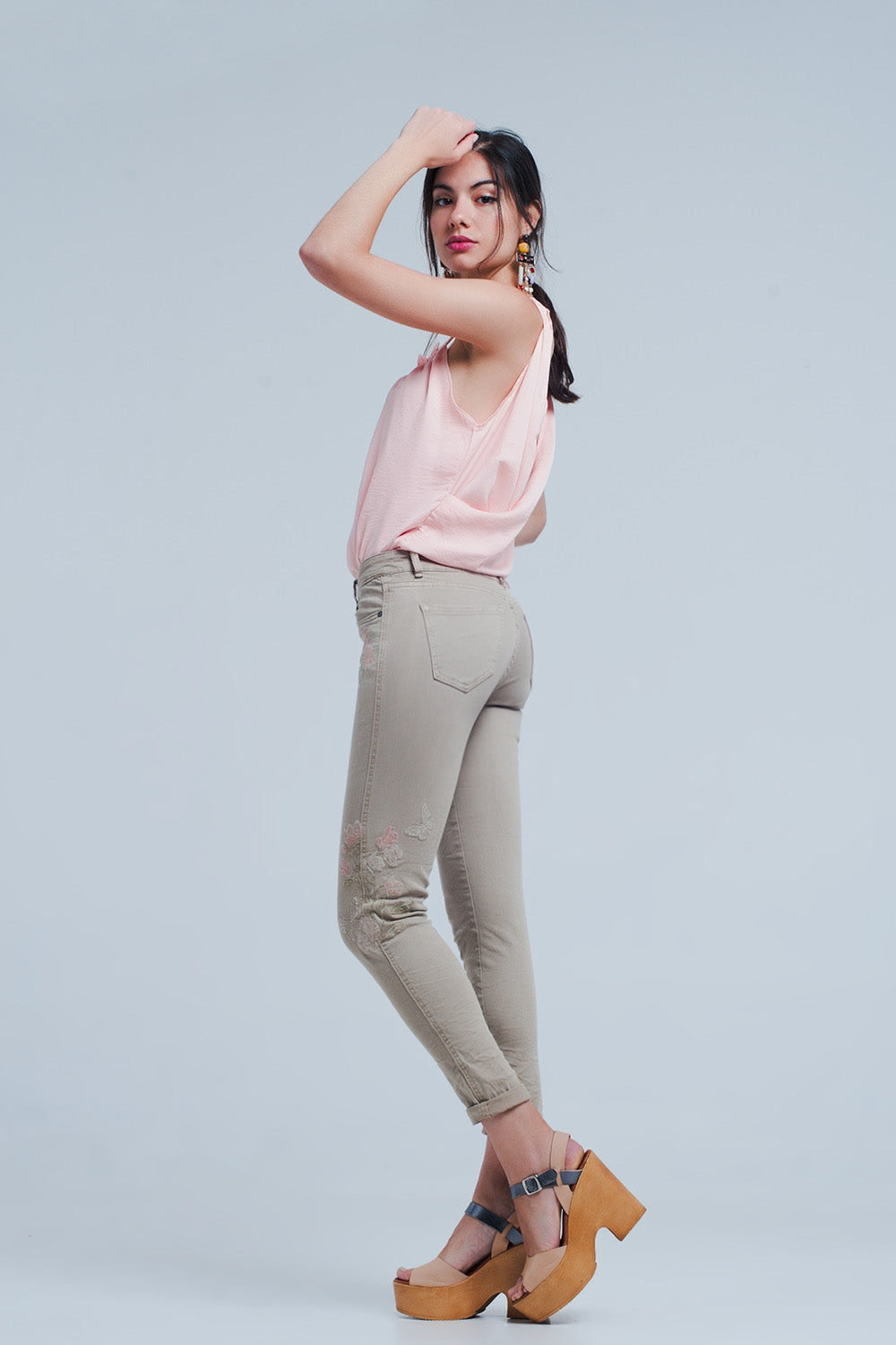 Beige jeans with Floral Embroidery - Coloured Jeans