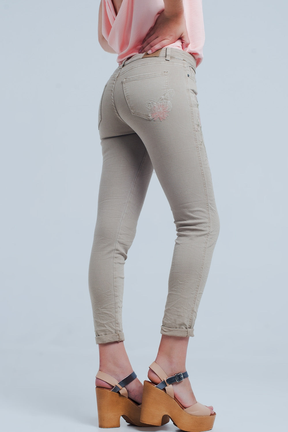 Beige jeans with Floral Embroidery - Coloured Jeans