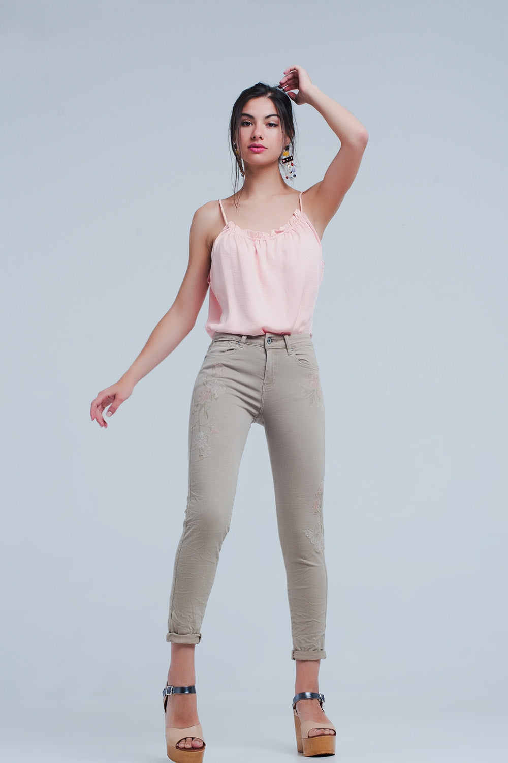Beige jeans with Floral Embroidery - Coloured Jeans