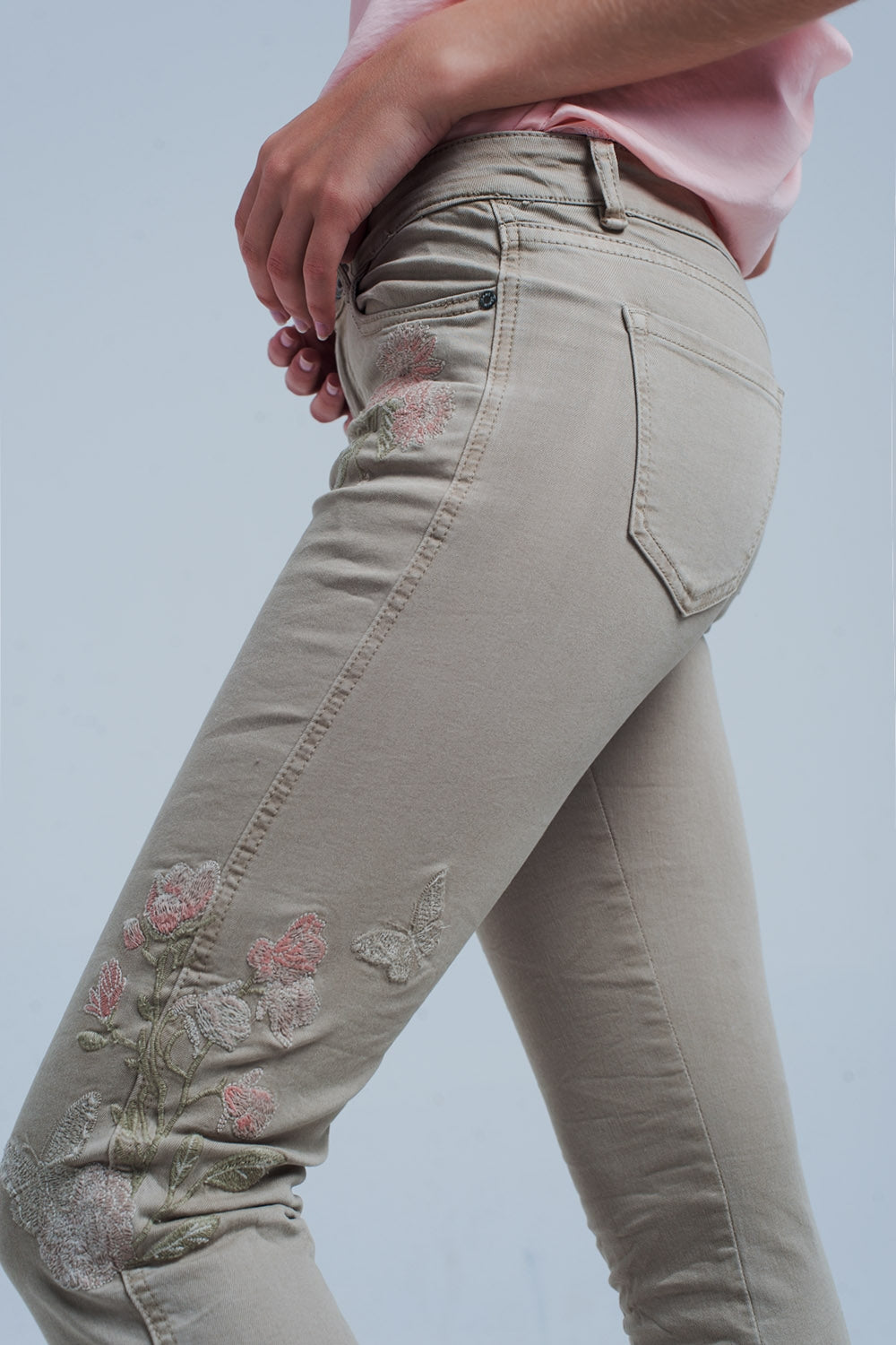 Beige jeans with Floral Embroidery - Coloured Jeans