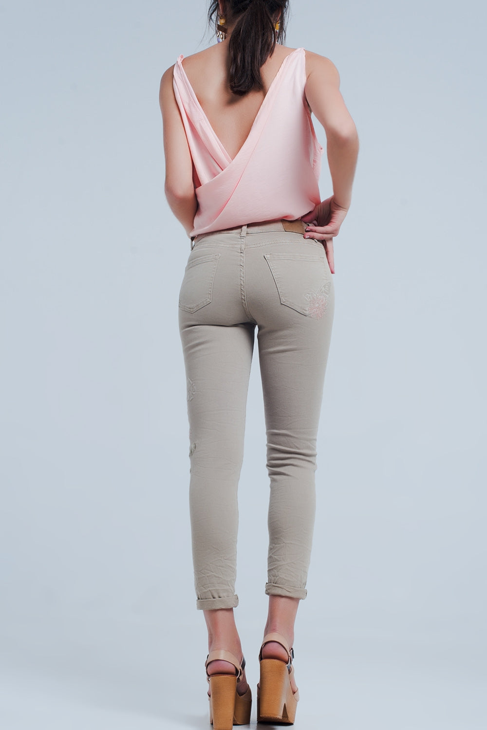 Beige jeans with Floral Embroidery - Coloured Jeans