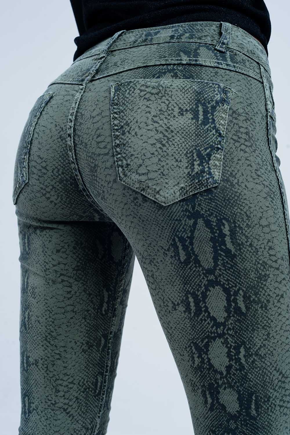 Green skinny reversible jeans with snake print - Coloured Jeans