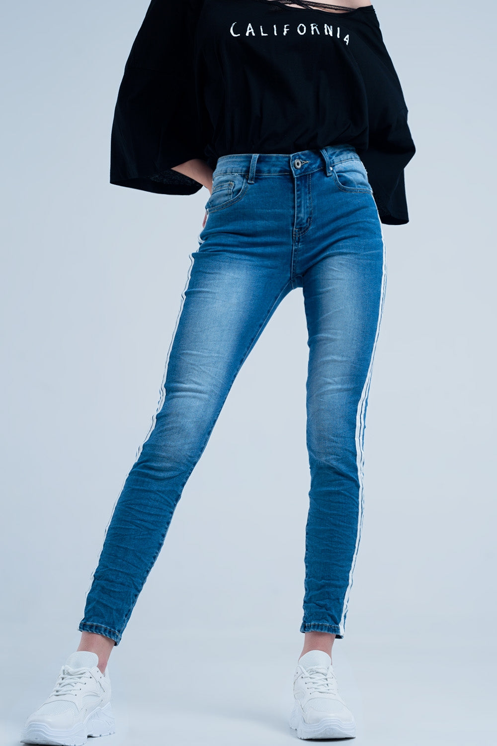 Skinny jeans with white side stripe - Denim