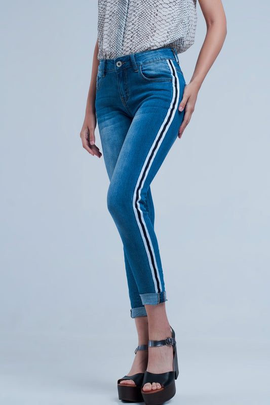Denim jeans with crinkled legs and side stripe - Denim