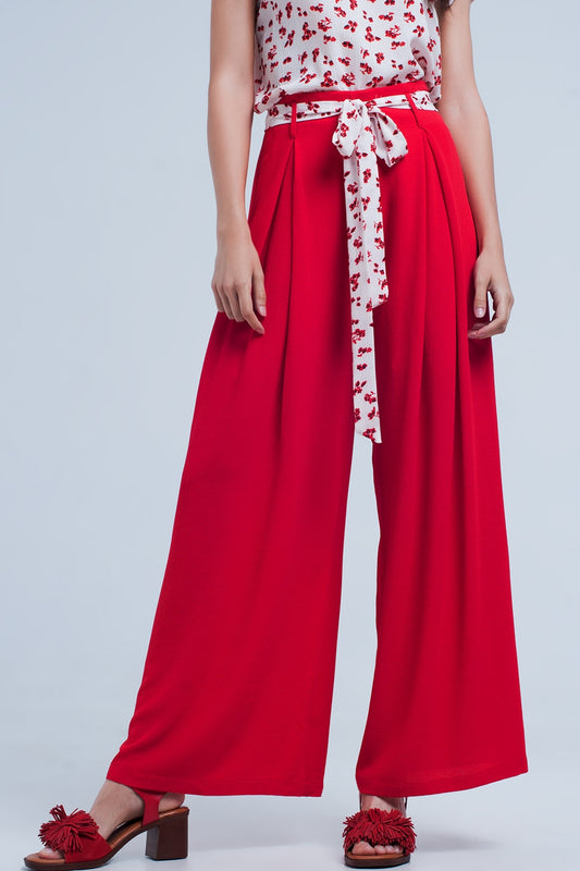 Red pants with floral belt - trousers