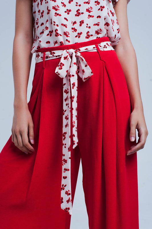 Red pants with floral belt - trousers