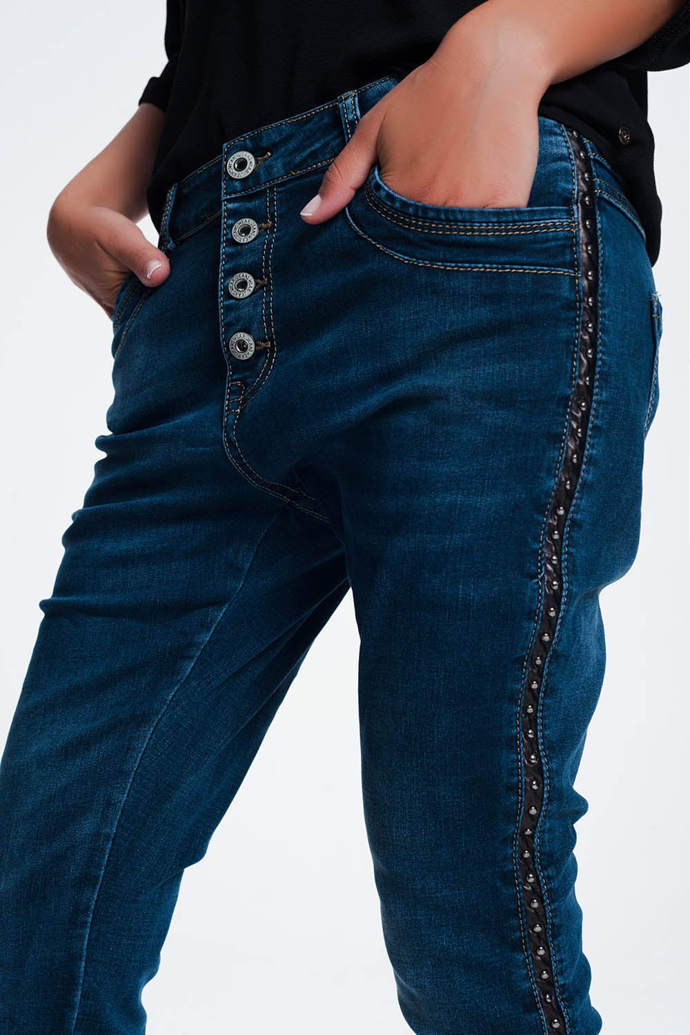 leather look studded Jeans - Denim