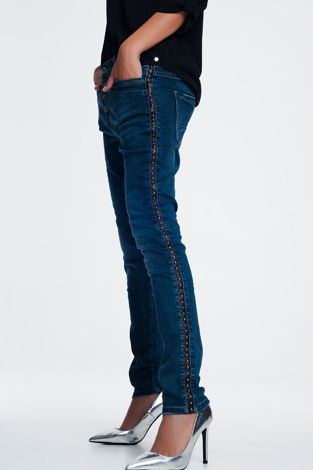 leather look studded Jeans - Denim