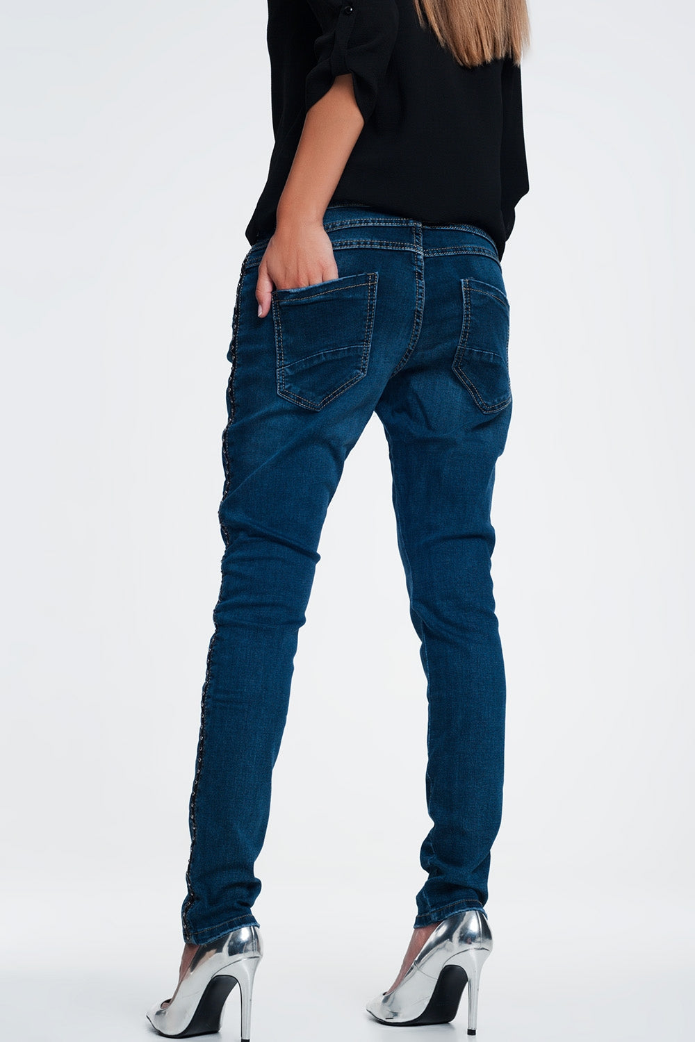 leather look studded Jeans - Denim