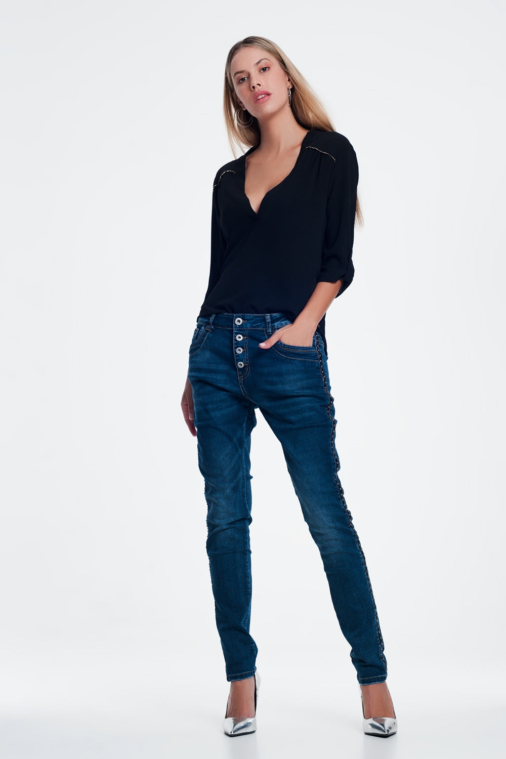 leather look studded Jeans - Denim