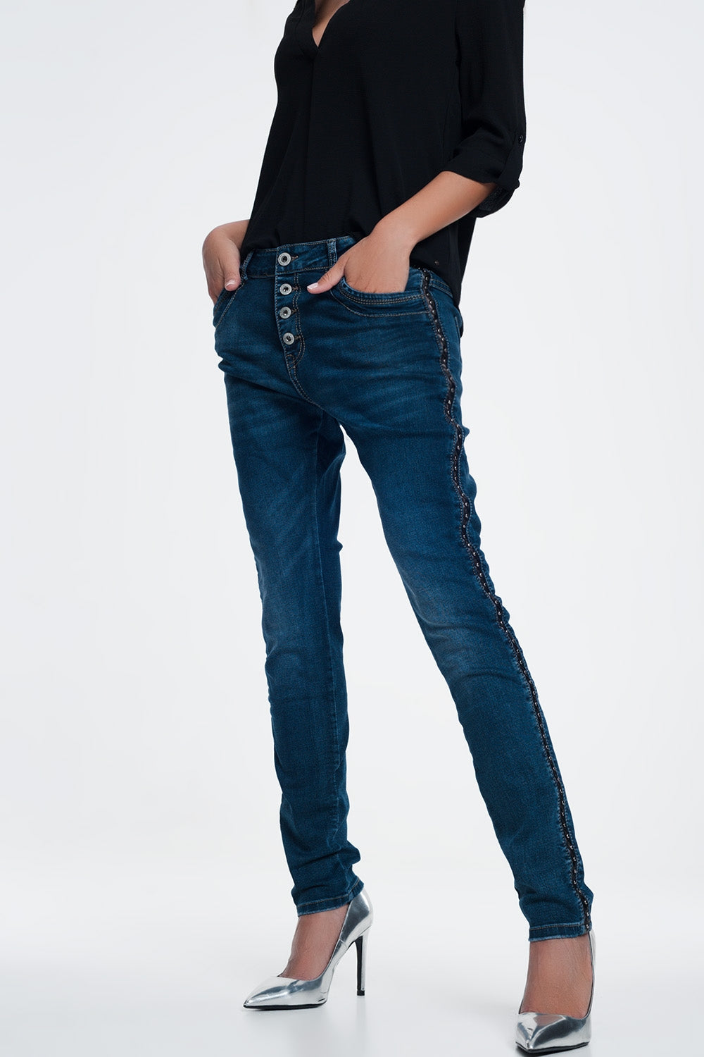 leather look studded Jeans - Denim