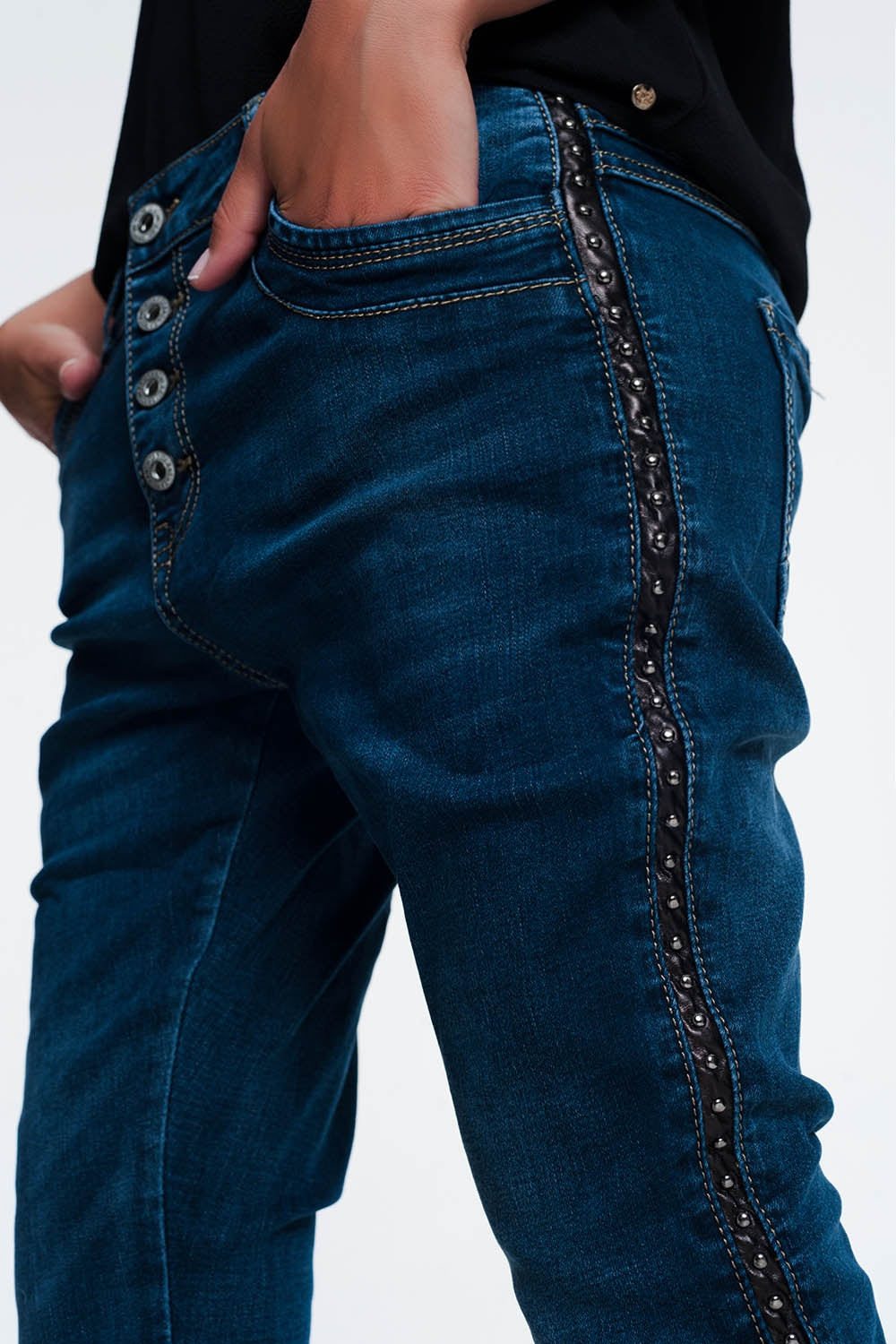 leather look studded Jeans - Denim