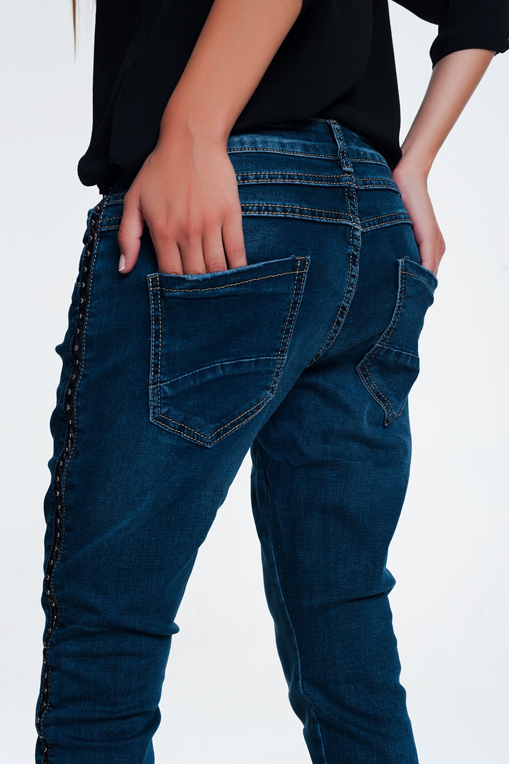 leather look studded Jeans - Denim