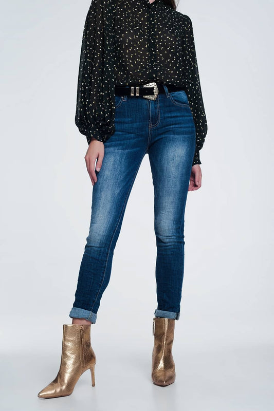 high waisted skinny jeans in dark stonewash blue - Denim