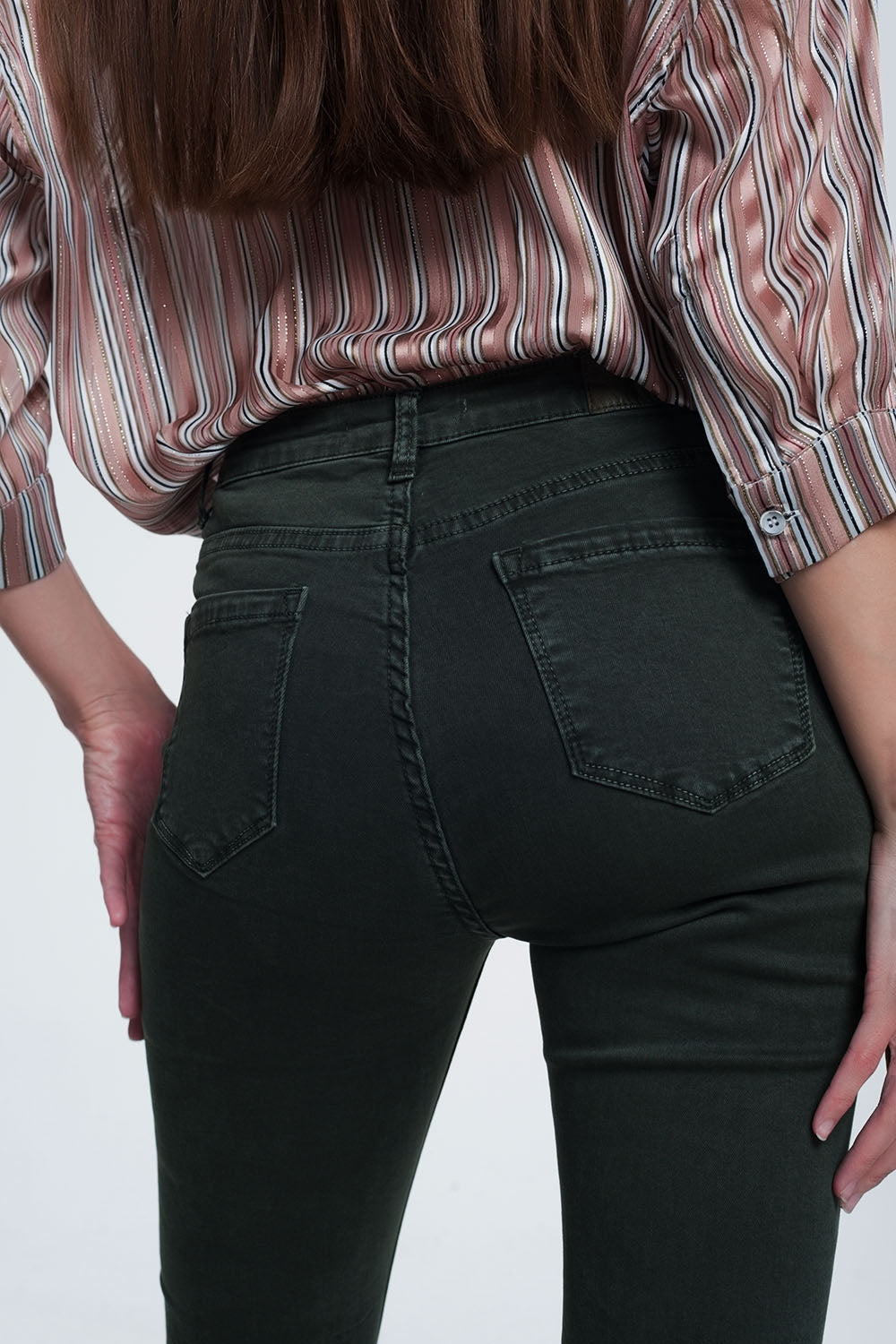 High rise raw hem flared jeans in khaki - Coloured Jeans