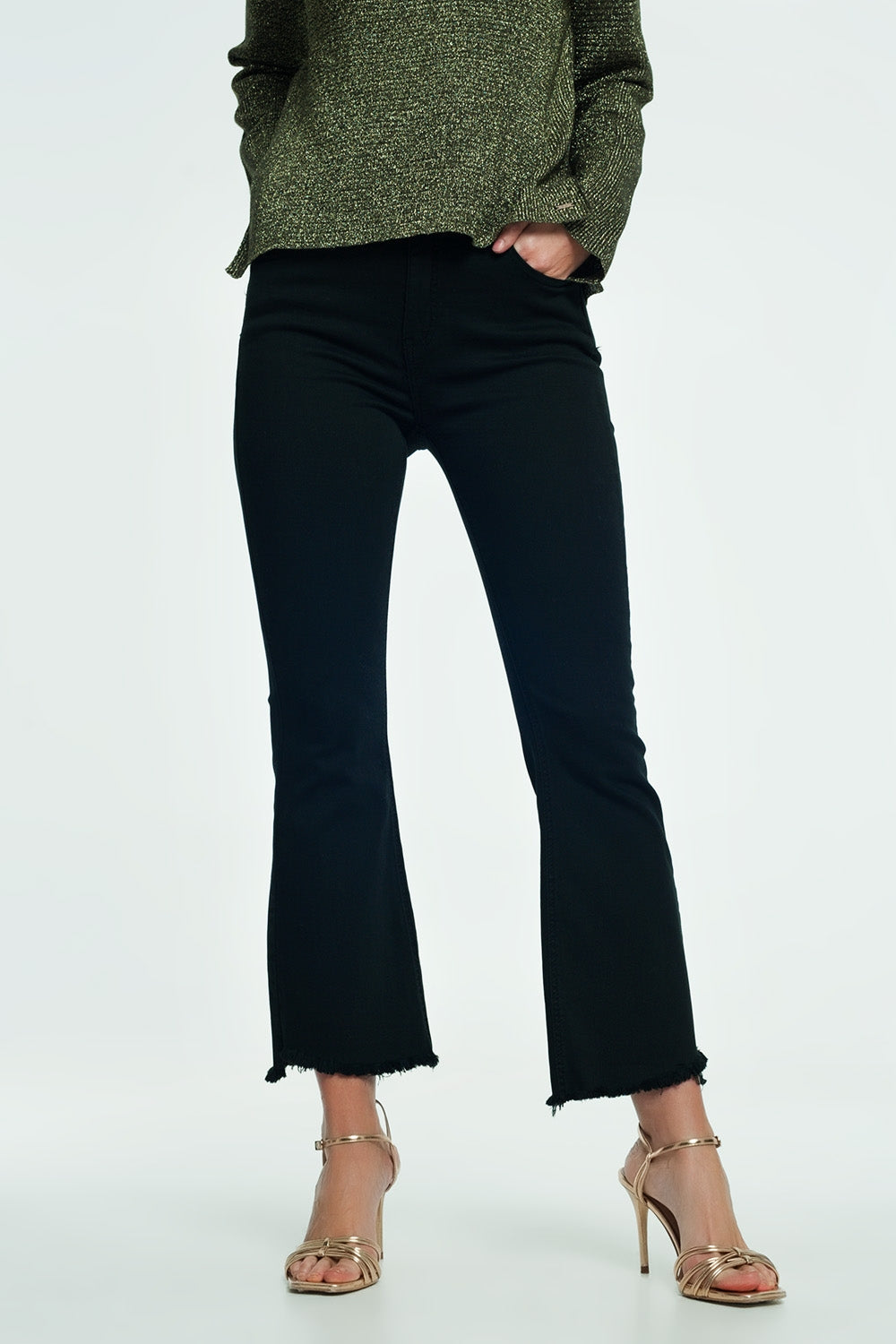 High rise raw hem flared jeans in black - Coloured Jeans