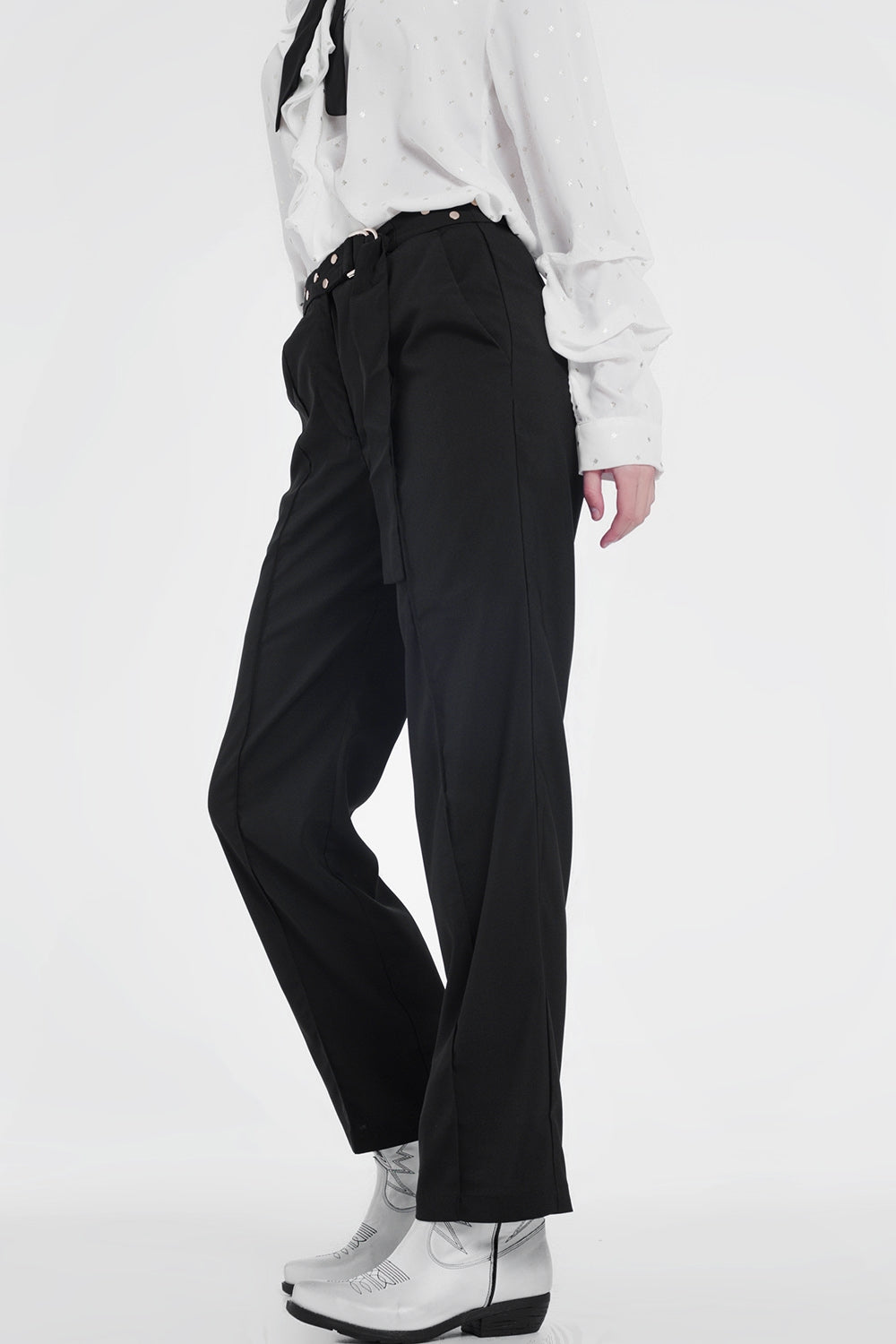 Black pants with wide legs and low hem
