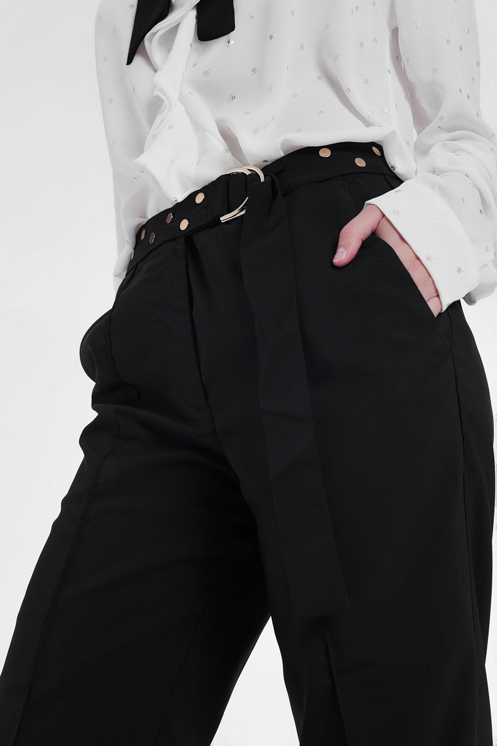 Black pants with wide legs and low hem