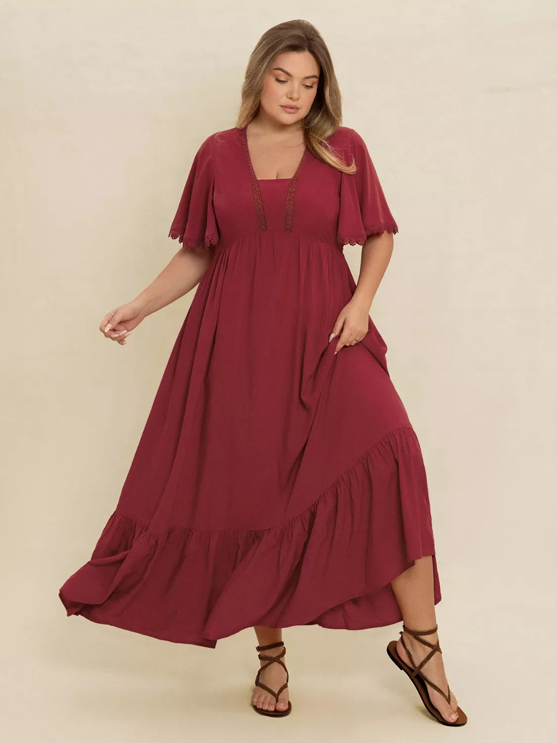 Plus Size Lace Detail Flutter Sleeve Maxi Dress -