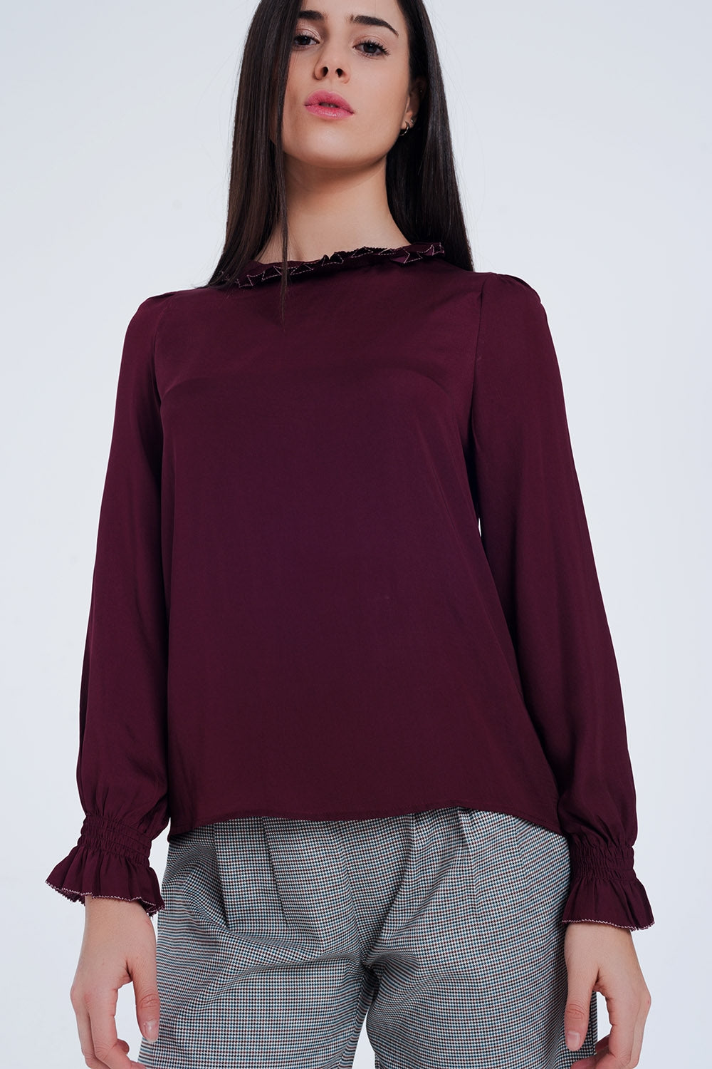 Maroon shirt with neck and sleeve detailed ends