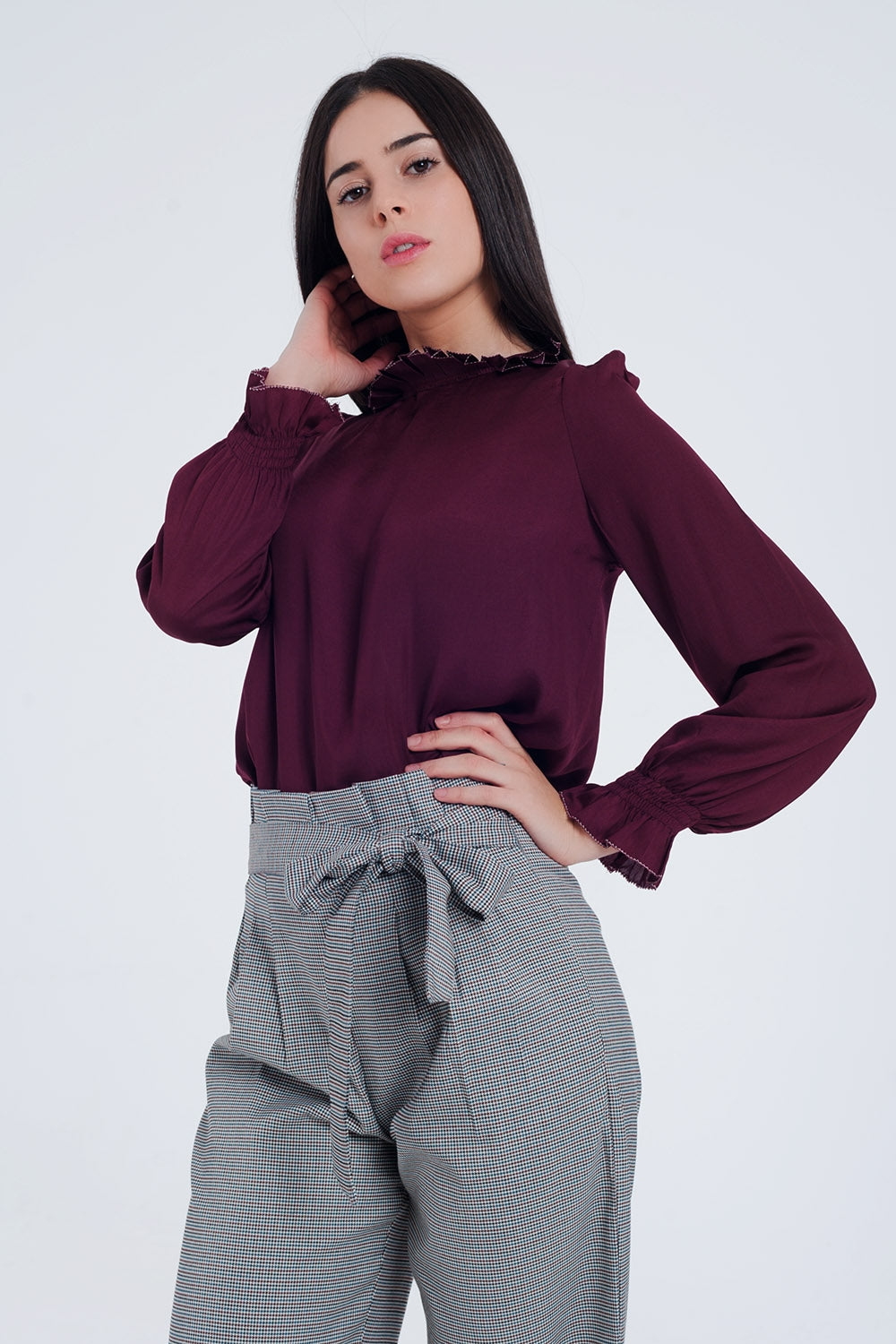 Maroon shirt with neck and sleeve detailed ends