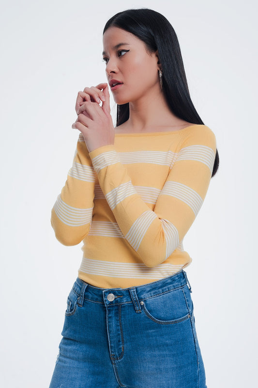 yellow striped sweater with boat neck - jumper