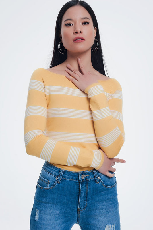 yellow striped sweater with boat neck - jumper