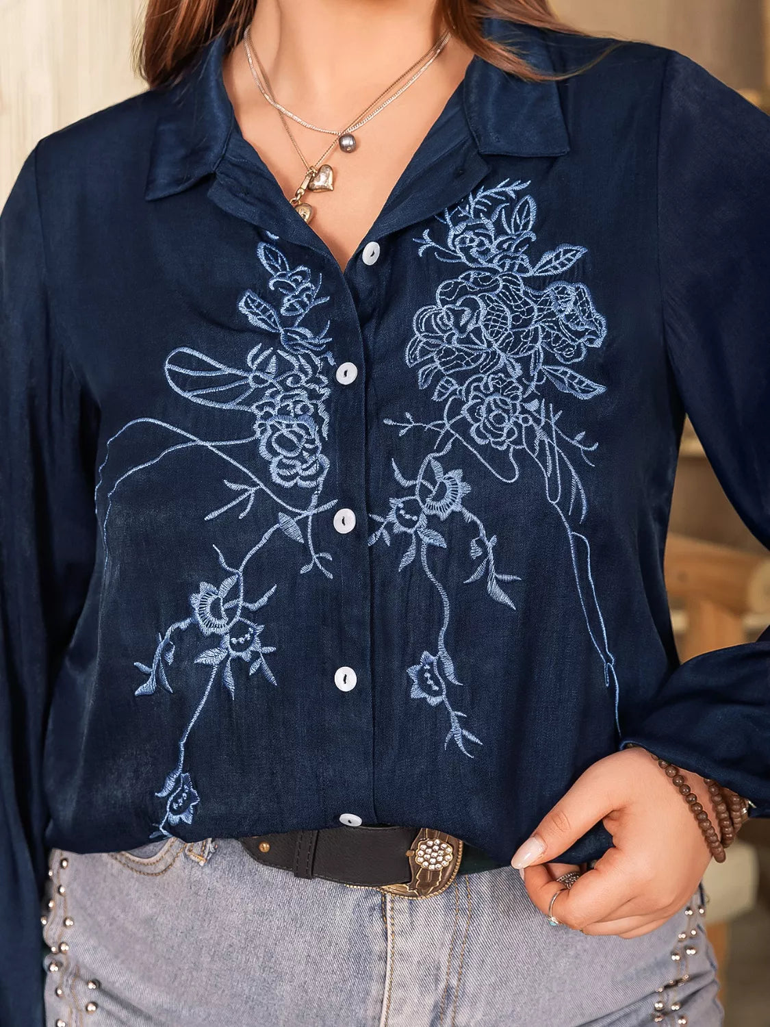 Plus Size Embroidered Long Sleeve Shirt -
