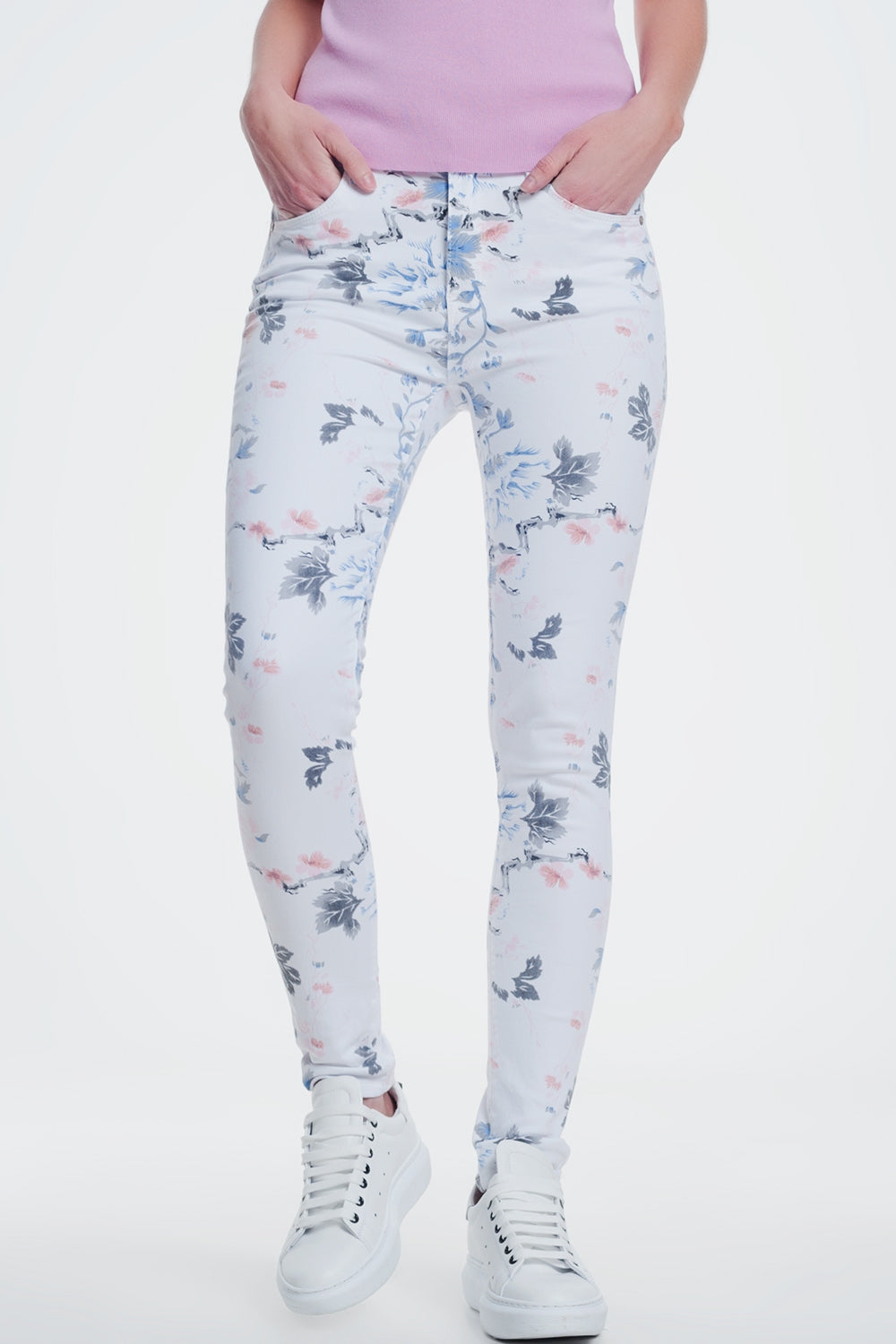 white skinny pants with floral print