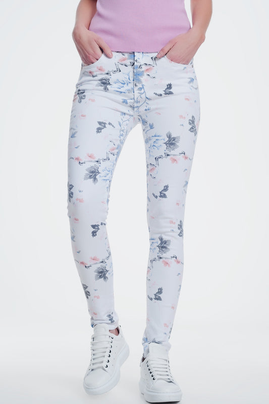 white skinny pants with floral print - Coloured Jeans