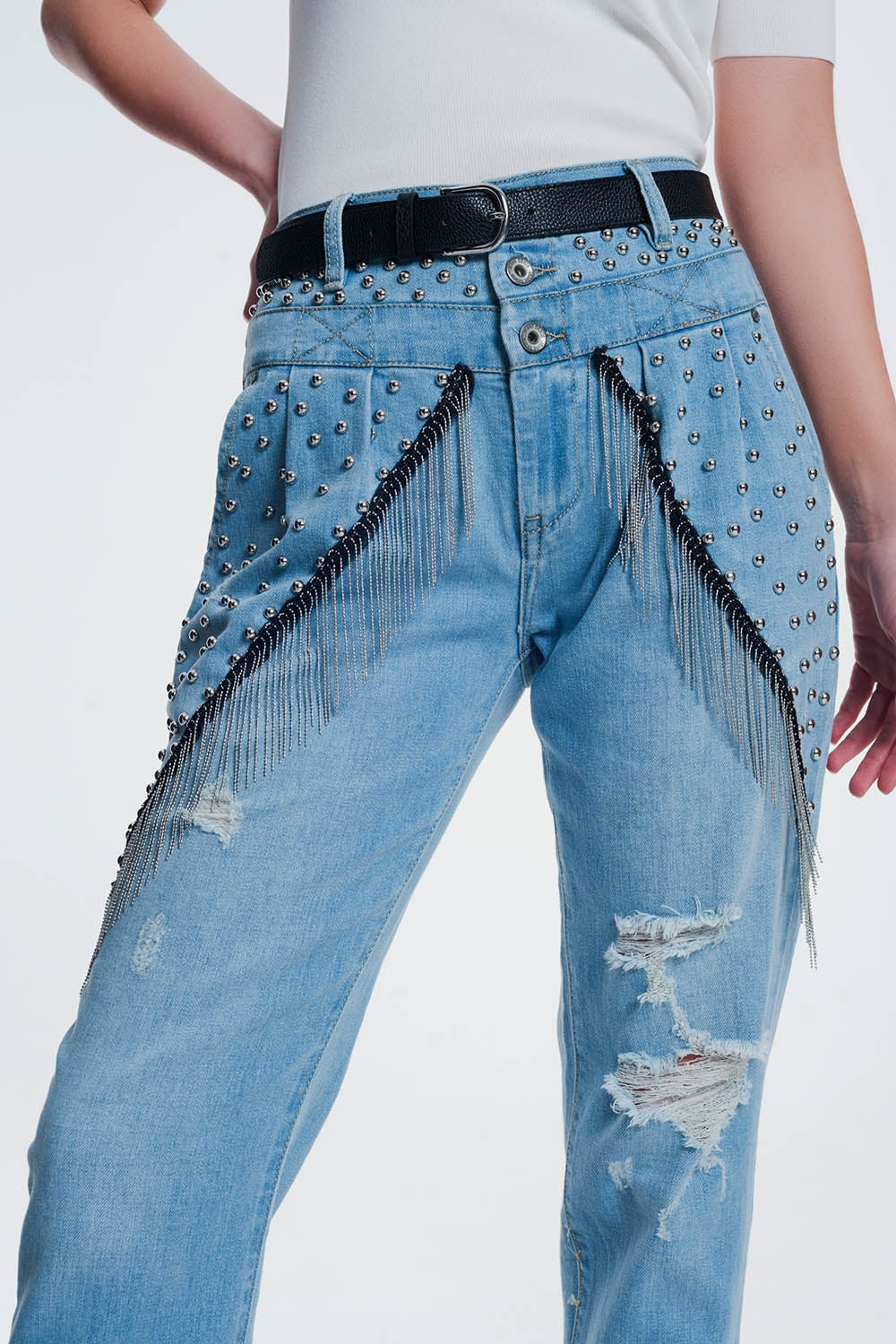 vintage ripped straight jeans with studs