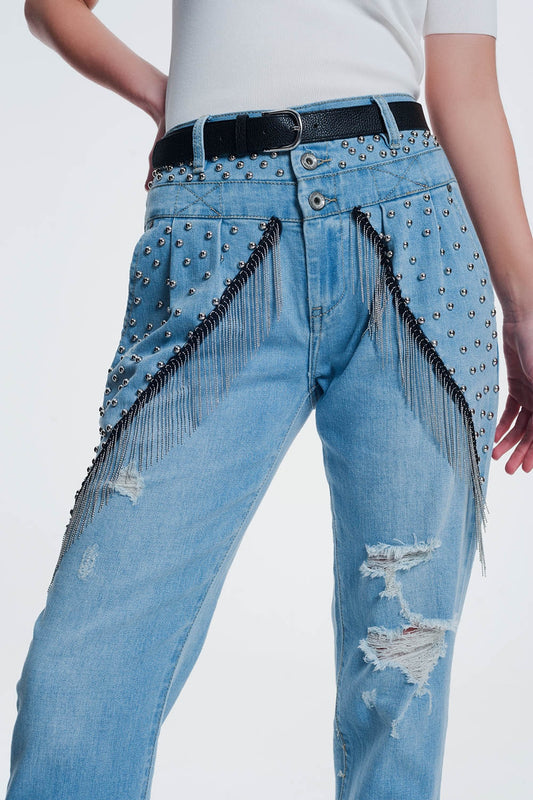 vintage ripped straight jeans with studs - Denim