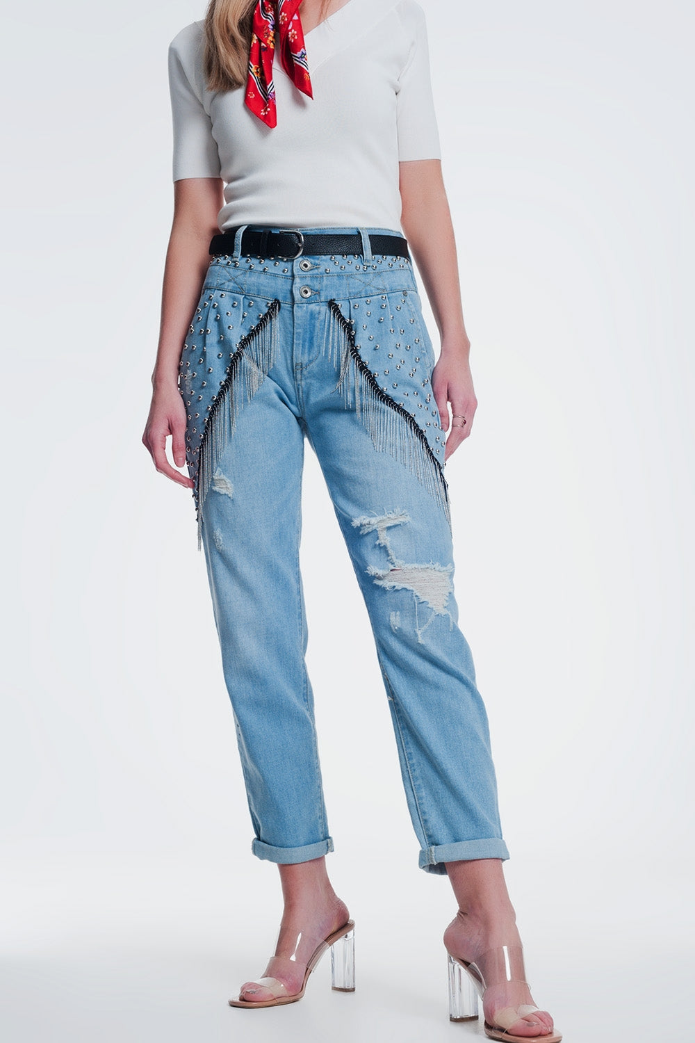 vintage ripped straight jeans with studs - Denim