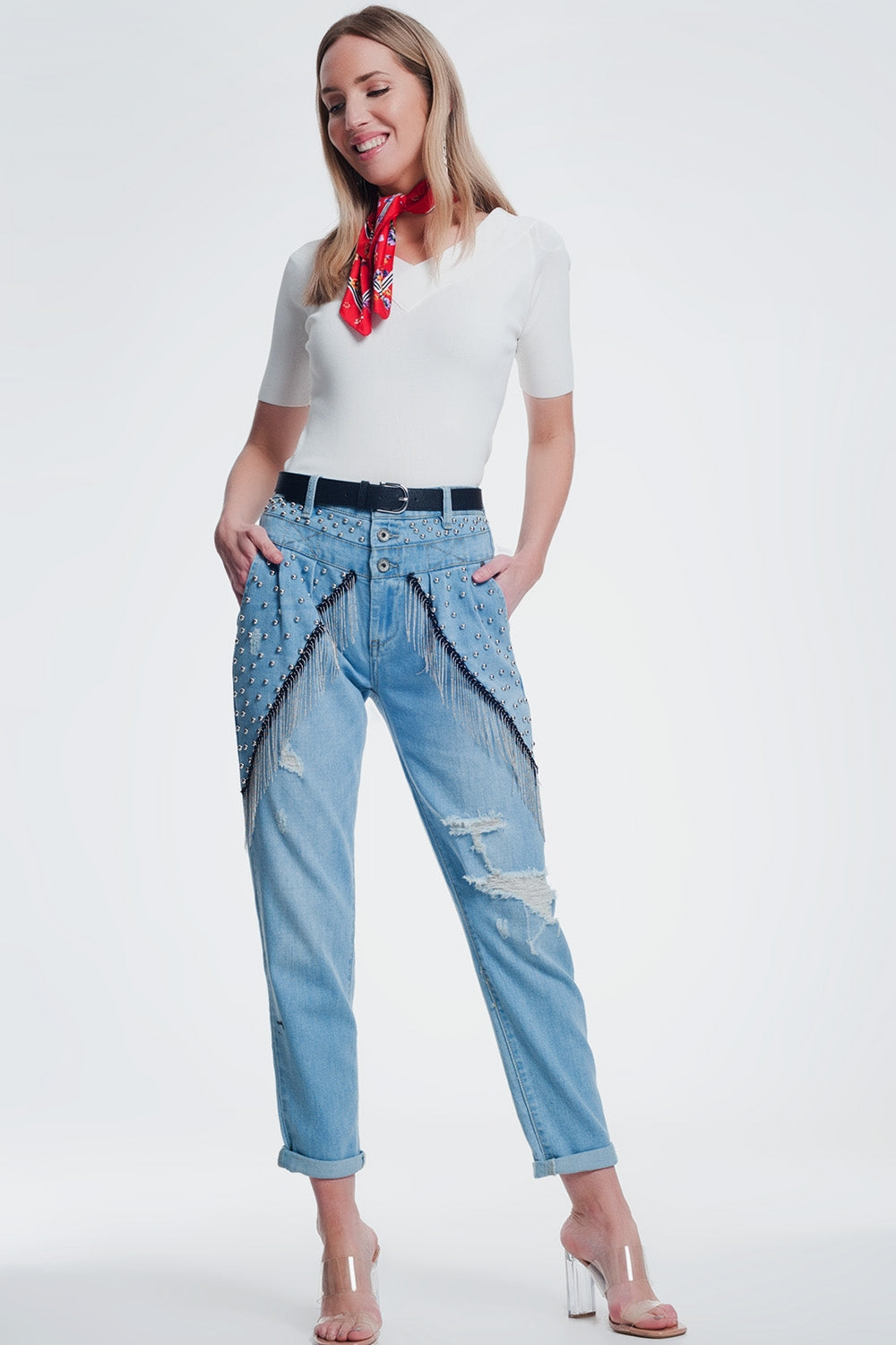 vintage ripped straight jeans with studs - Denim
