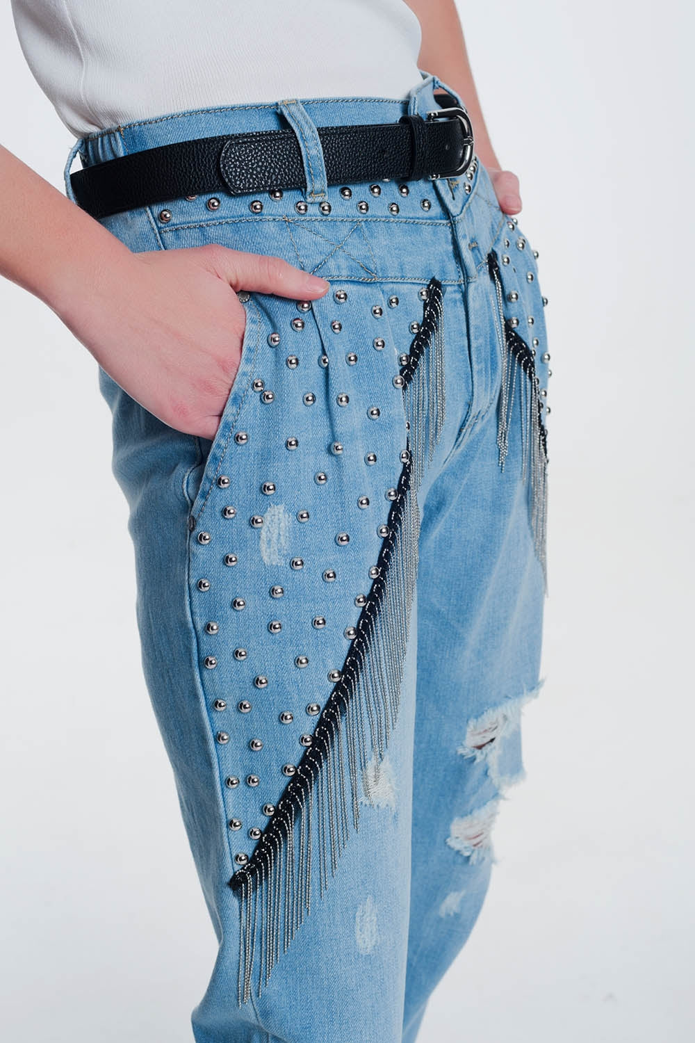 vintage ripped straight jeans with studs - Denim
