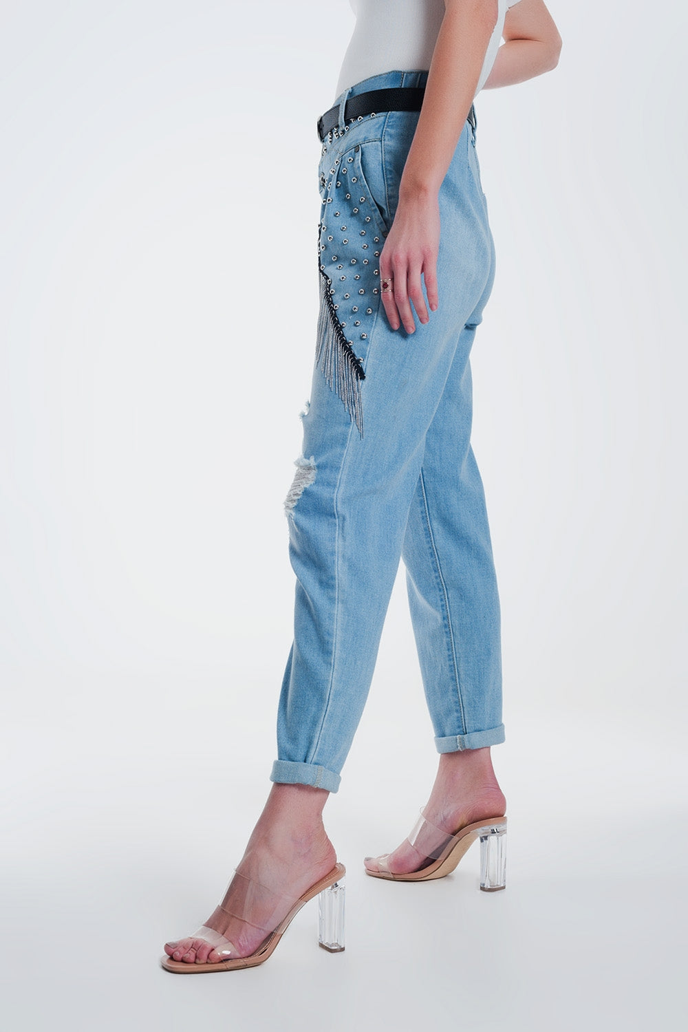 vintage ripped straight jeans with studs - Denim
