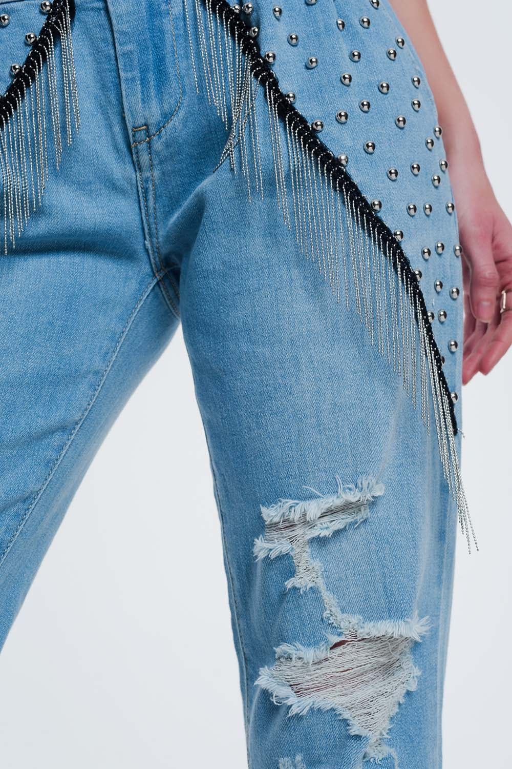 vintage ripped straight jeans with studs - Denim