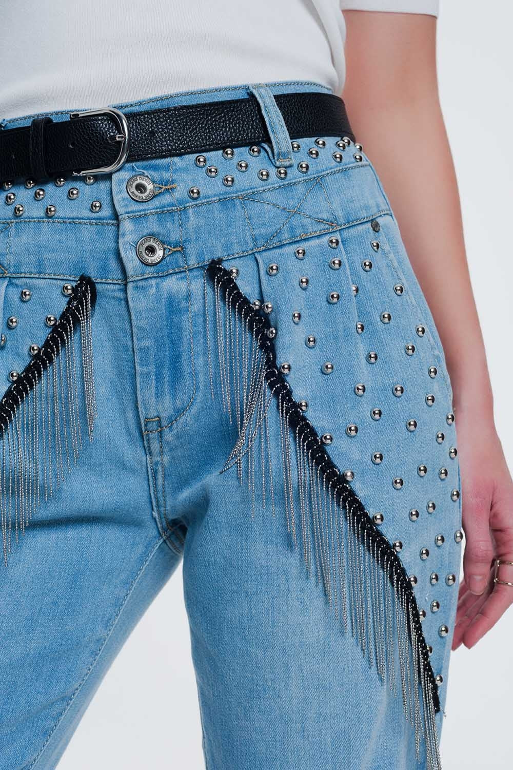 vintage ripped straight jeans with studs - Denim