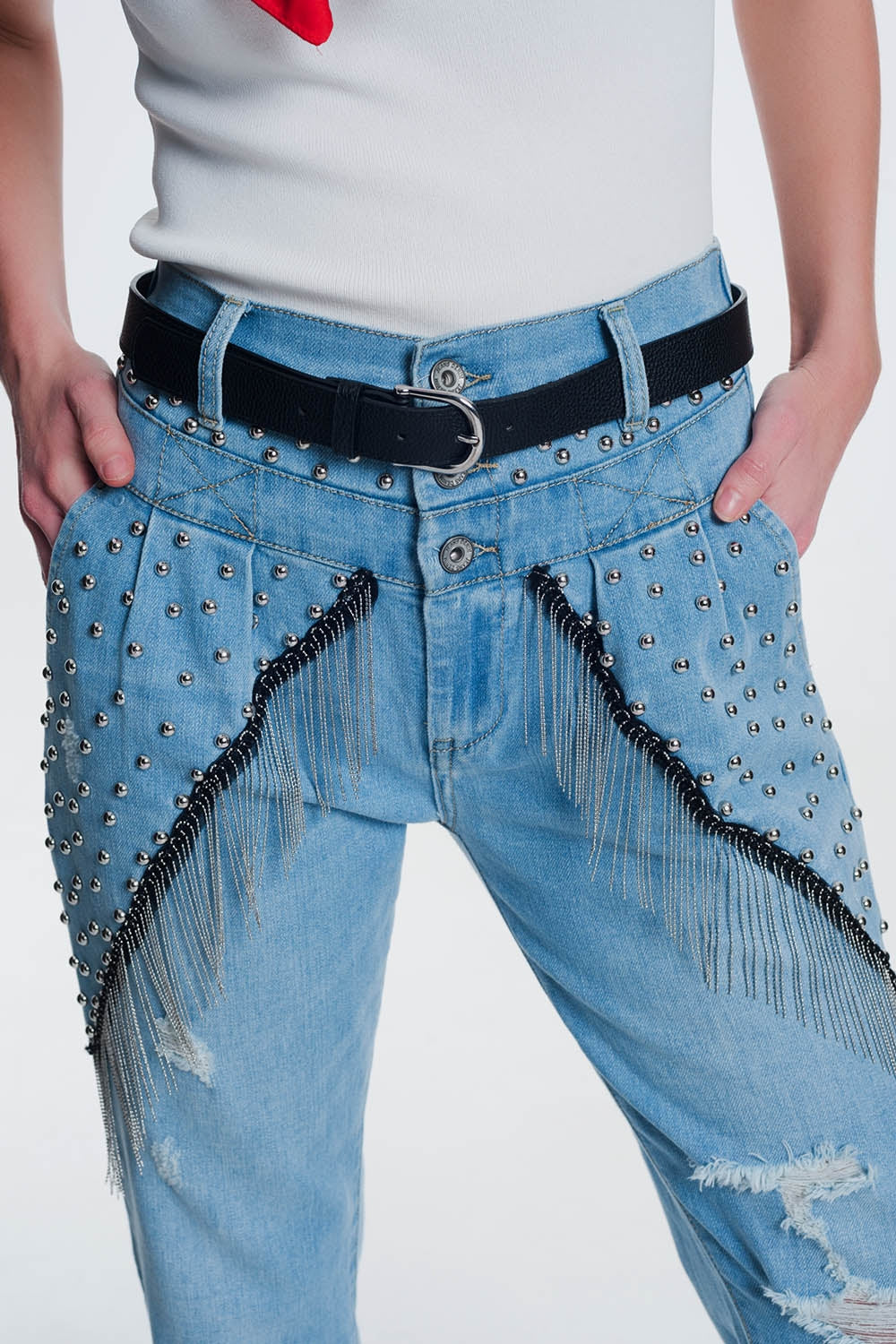 vintage ripped straight jeans with studs - Denim