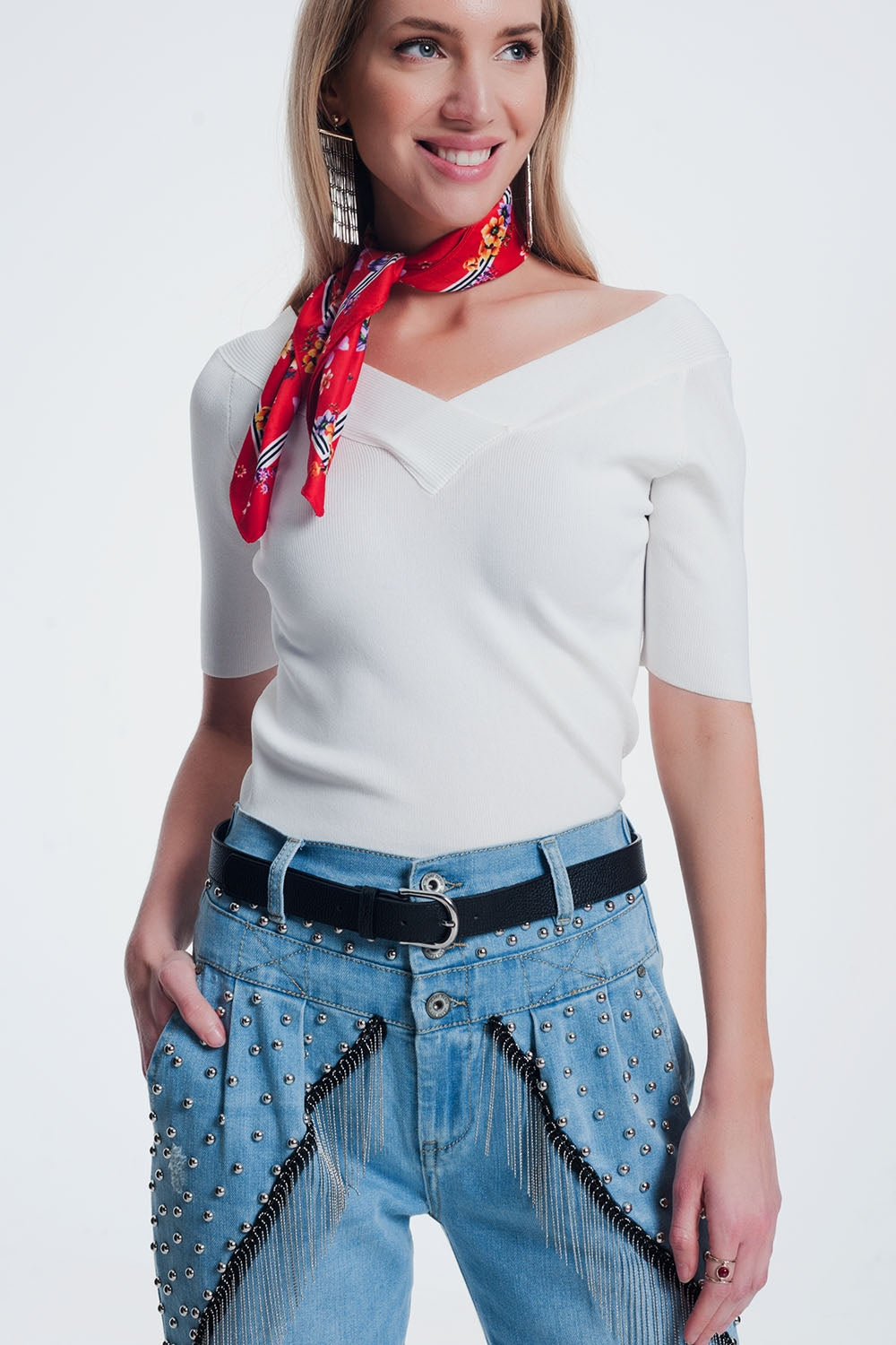 jumper with v neck in cream