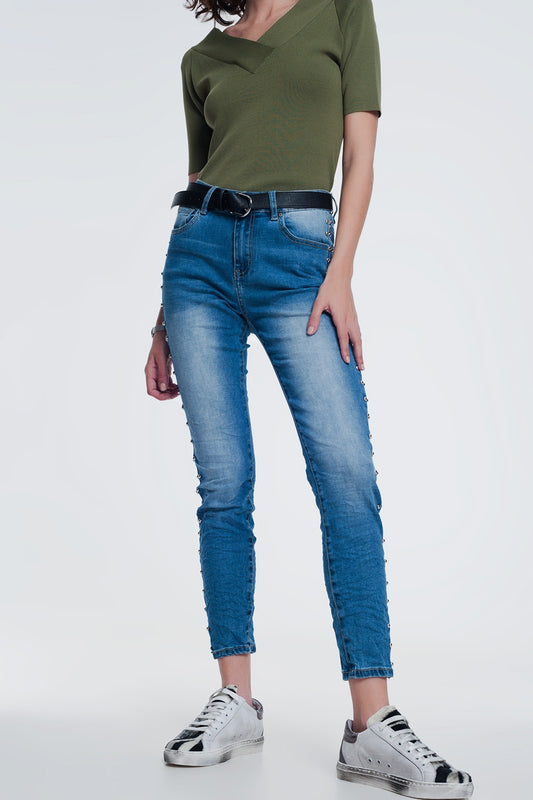 wrinkled denim studded skinny jeans - Denim