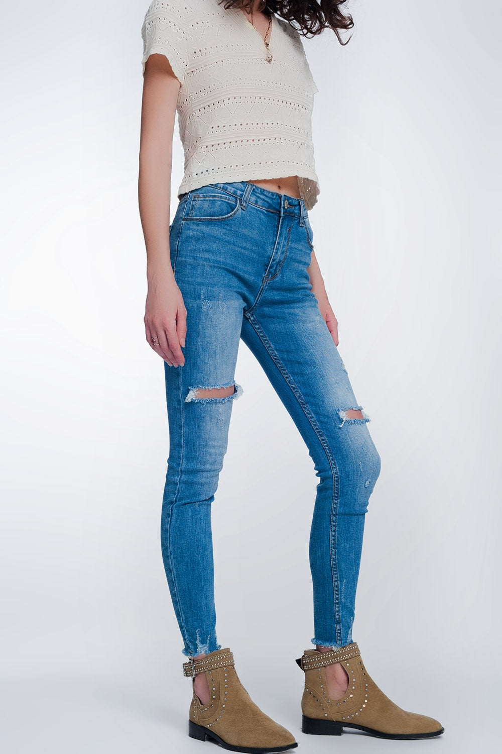 Mid denim super skinny jeans with holes in the knees - Denim