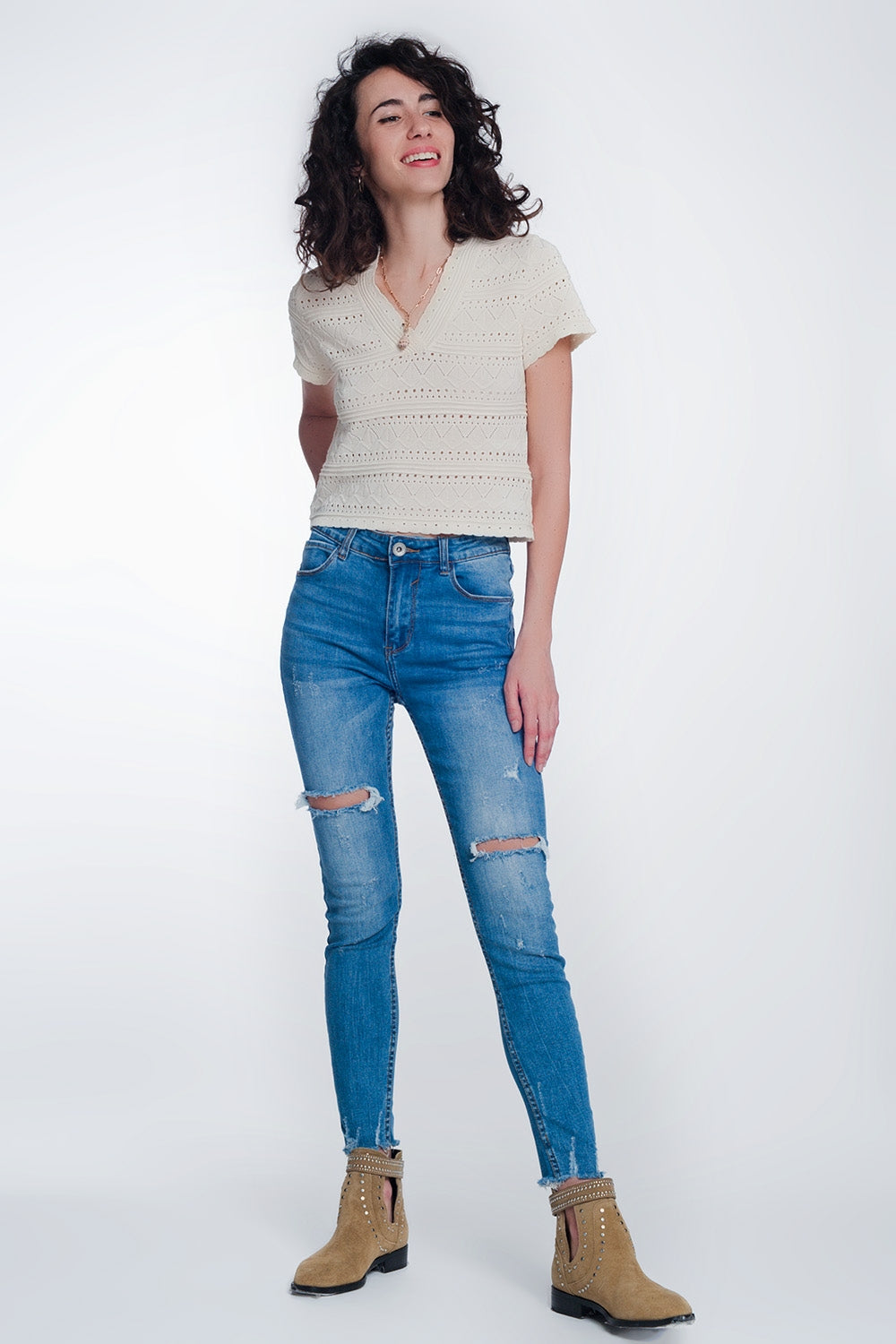 Mid denim super skinny jeans with holes in the knees - Denim